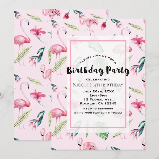Convite Flamingo Rosa Hibiscus Tropical Floral de Aniversá (Frente/Verso)