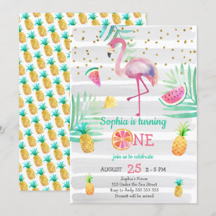 Convite Flamingo Rosa Primeiro Verão Tropical de Aniversár