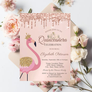 Convite Flamingo Rosa, Tiara, Gotas de Dourado Rosa Quince