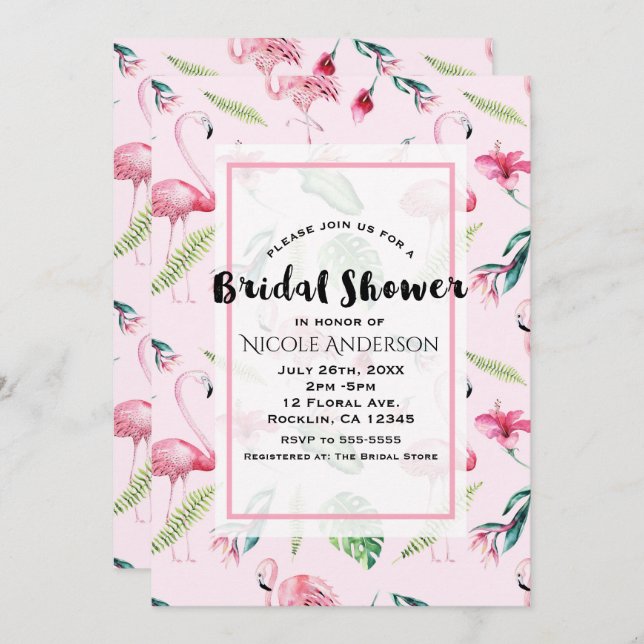 Convite Flamingo Rosa Tropical Hibiscus Floral Bridal (Frente/Verso)