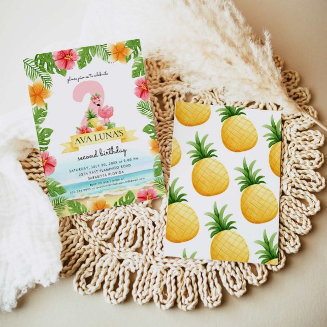 Convite Flamingo Rosa Tropical Menina de Verão 2º (Criador carregado)