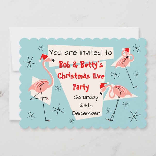 Convite Flamingo Santas Blue escalloped horizontal (Frente)