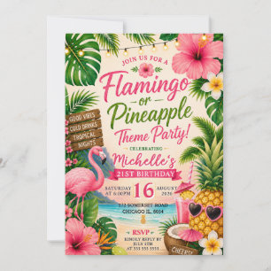 Convite Flamingo Tropical Abacaxi Aniversário de 21 Anos