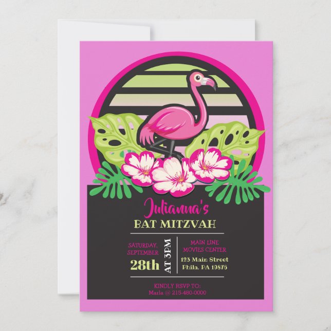 Convite FLAMINGO Tropical Bat Mitzvah, PINK QUENTE, Convit (Frente)