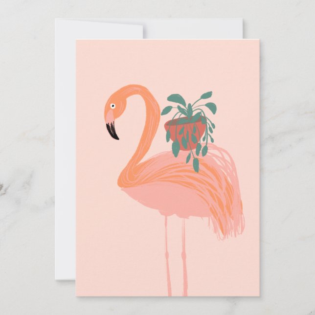 Convite Flamingo Tropical com Planta em Vaso Desenhado à M (Frente)