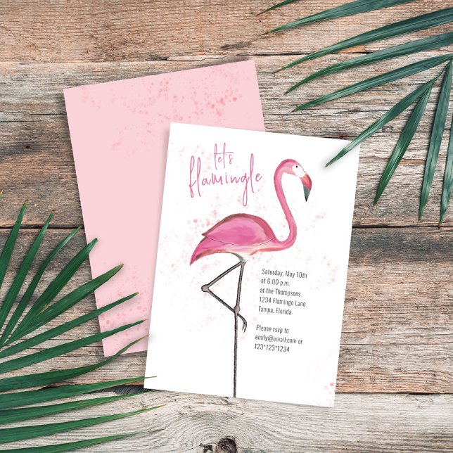 Convite Flamingo Tropical de Praia Rosa de Água (Pink flamingo watercolor "Let's Flamingle" Invitation with pink watercolor speckles.)