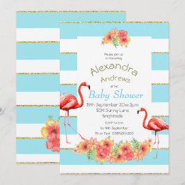 Convite Flamingo Tropical Flores Azul Chá de fraldas Strip