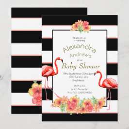 Convite Flamingo Tropical Flores Negras Chá de fraldas Str