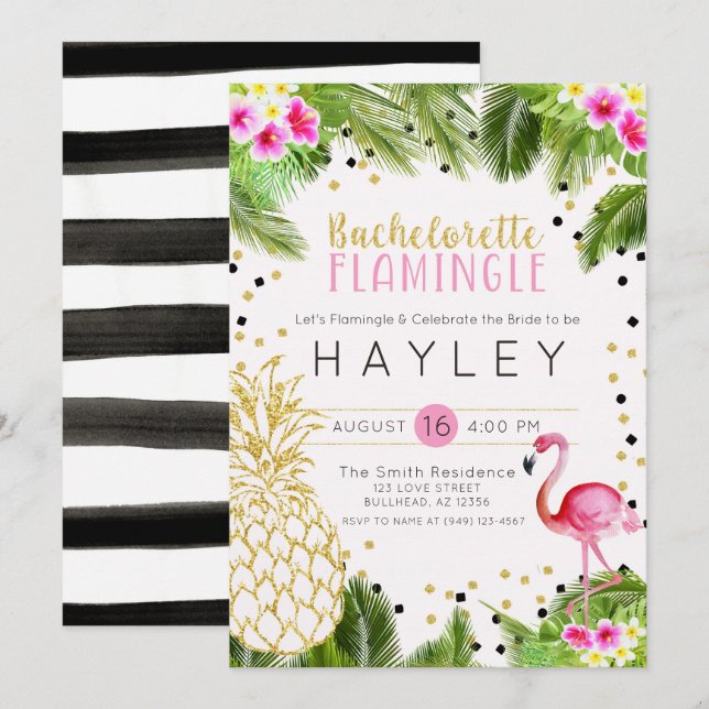 Convite Flamingo Tropical Pineapple Bachelorette Invite (Frente/Verso)