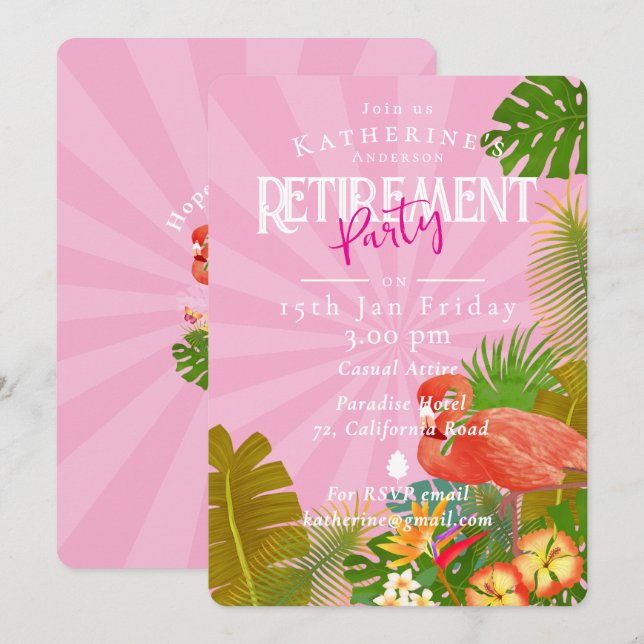 Convite Flamingo Tropical Pink Retirement  (Frente/Verso)