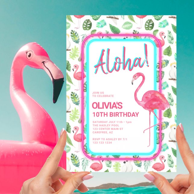 Convite Flamingo Tropical Rosa Aloha Aniversário (Criador carregado)