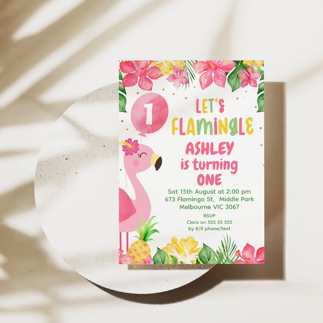 Convite Flamingo Tropical Rosa Deixa primeiro aniversario  (Let’s Flamingle Birthday Invitation, Summer birthday invite, Pink Flamingo Birthday Invite, Tropical)