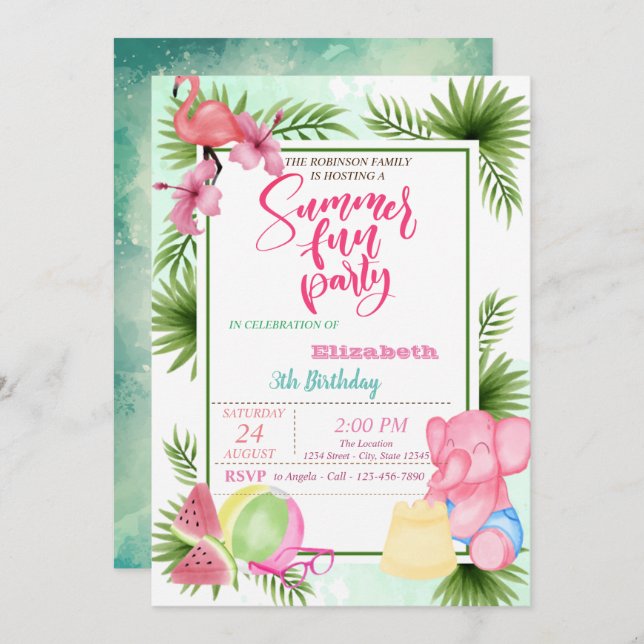 Convite Flamingo, Watermelon Palm Leaf Summer Birday (Frente/Verso)