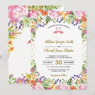 Convite Flamingo Wedding Tropical Palm Folm Dourada