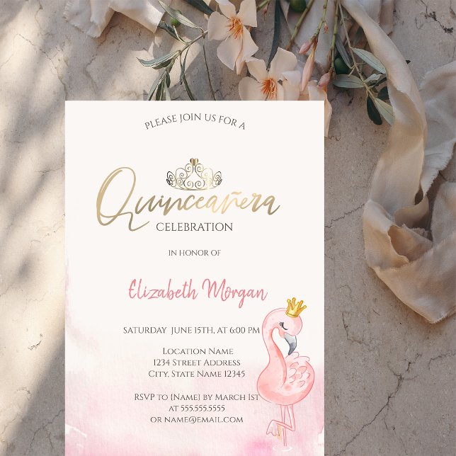 Convite Flamingos cor-de-rosa Dourada Tiara Quinceañera (Criador carregado)