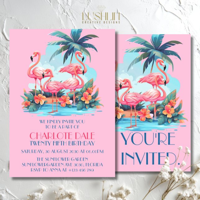 Convite Flamingos no Verão Tropical de Aniversário da Prai (Criador carregado)