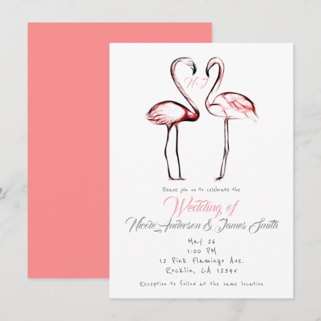 Convite Flamingos Rosa Bege Elegante Casamento (Frente/Verso)