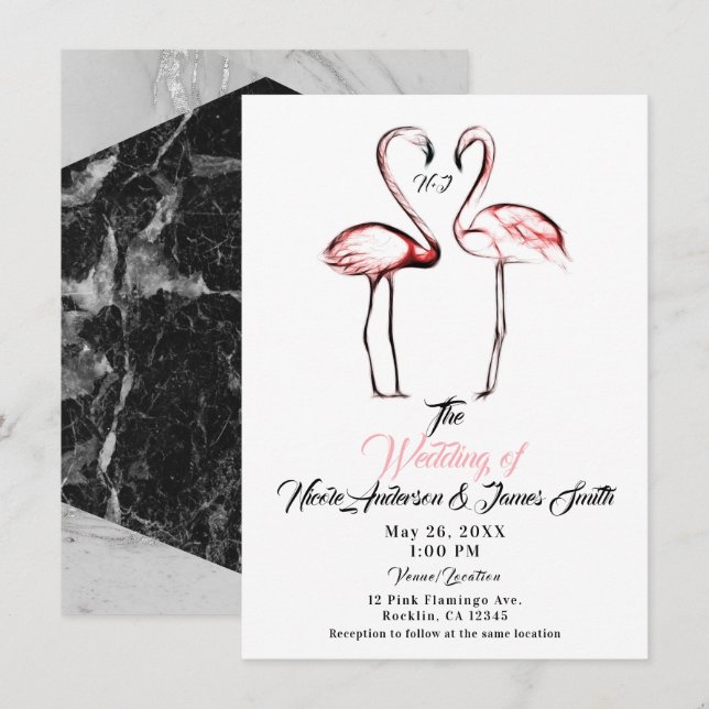 Convite Flamingos Rosa Bege Mármore Preto Casamento (Frente/Verso)