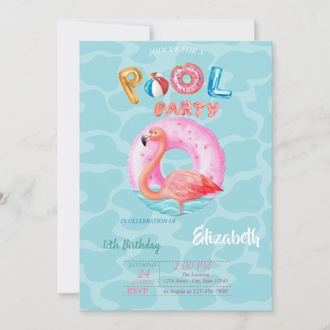 Convite Flamingos Rosa Caprichosos Boia de Piscina Verão (Frente)