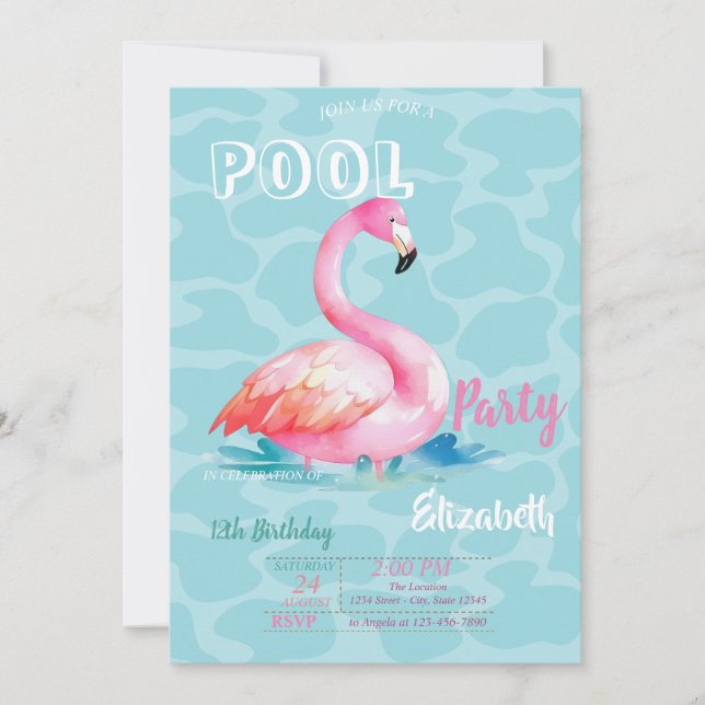 Convite Flamingos Rosa Cool Piscina Verão Aniversário (Frente)