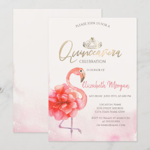 Convite Flamingos Rosa Floral Tiara Dourada Quinceañera