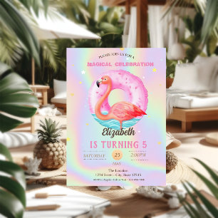 Convite Flamingos Rosa Legal Piscina Flutuador Holográfico