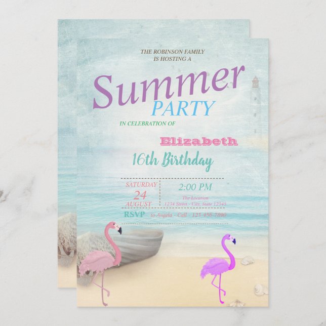 Convite Flamingos Summer Boat Lighthouse Festa de aniversá (Frente/Verso)