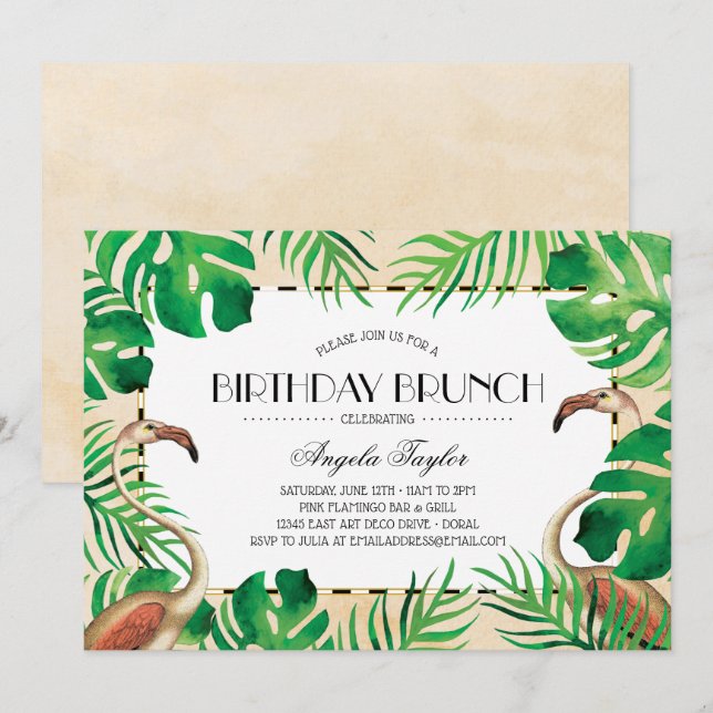 Convite Flamingos Tropicais Blush Aniversário (Frente/Verso)