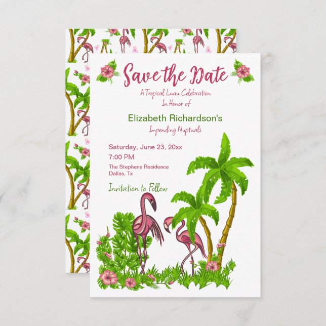Convite Flamingos Tropicais e Flores Guardam a Data (Frente/Verso)