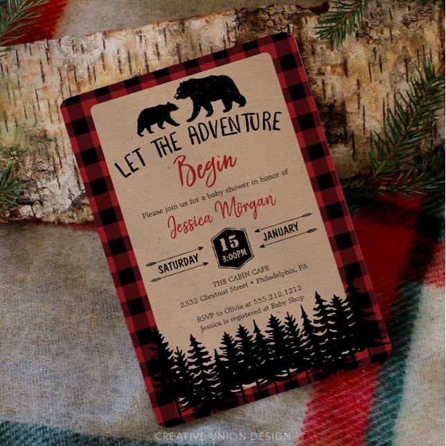 Convite Flannel Adventure Bear Baby Shower (Flannel Baby Shower Invite)