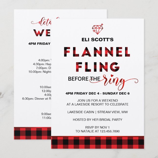 Convite Flannel Fling Bachelorette + Itinerário (Frente/Verso)