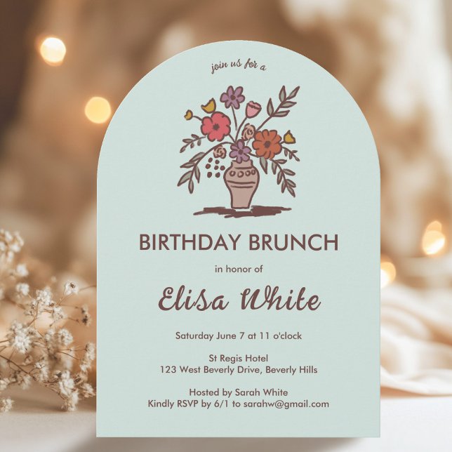 Convite Flaoral Vase Rustic Whimsical Arch Personalizado A (Floral Vase Rustic Whimsical Arched Custom Birthday Party Brunch Feminine Invitation
)