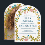 Convite Flaoral Wreath Bat Mitzvah - FOTO Personalizada Fe<br><div class="desc">Cartão perfeito para anunciar um bar mitzvah, bat mitzvah ou outra celebração judaica! Mão fez arte para você! TOTALMENTE PERSONALIZÁVEL! Clique em "Personalizar" acima para editar o texto e adicionar sua foto ao verso (você também pode excluir o quadro floral se preferir). Clique em "editar usando a ferramenta design" para...</div>