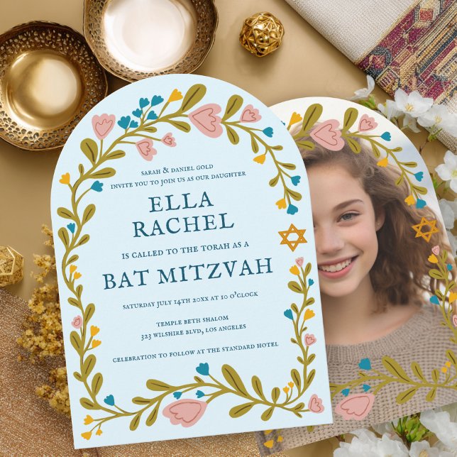 Convite Flaoral Wreath Bat Mitzvah - FOTO Personalizada Fe (Floral Wreath Bat Mitzvah Hand-drawn Custom PHOTO Invitation
)