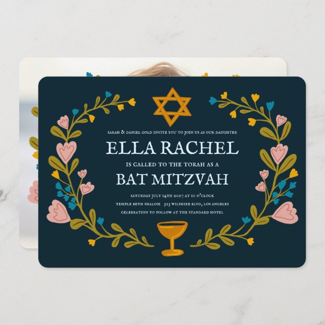 Convite Flaoral Wreath Bat Mitzvah Personalizado desenhado (Frente/Verso)