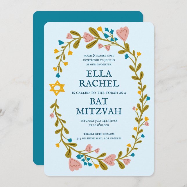 Convite Flaoral Wreath Bat Mitzvah Personalizado desenhado (Frente/Verso)