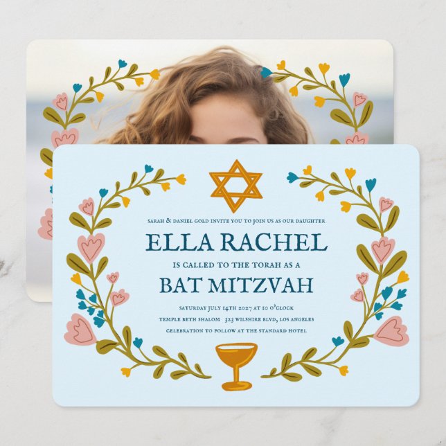 Convite Flaoral Wreath Bat Mitzvah Personalizado desenhado (Frente/Verso)