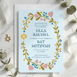 Convite Flaoral Wreath Bat Mitzvah Personalizado desenhado<br><div class="desc">Cartão perfeito para anunciar um bar mitzvah, bat mitzvah ou outra celebração judaica! Mão fez arte para você! TOTALMENTE PERSONALIZÁVEL! Clique em "Personalizar" acima para editar o texto. Clique em "editar usando a ferramenta design" para ajustar as fontes, cores e posicionamentos. Você também pode mudar facilmente o estilo da placa...</div>