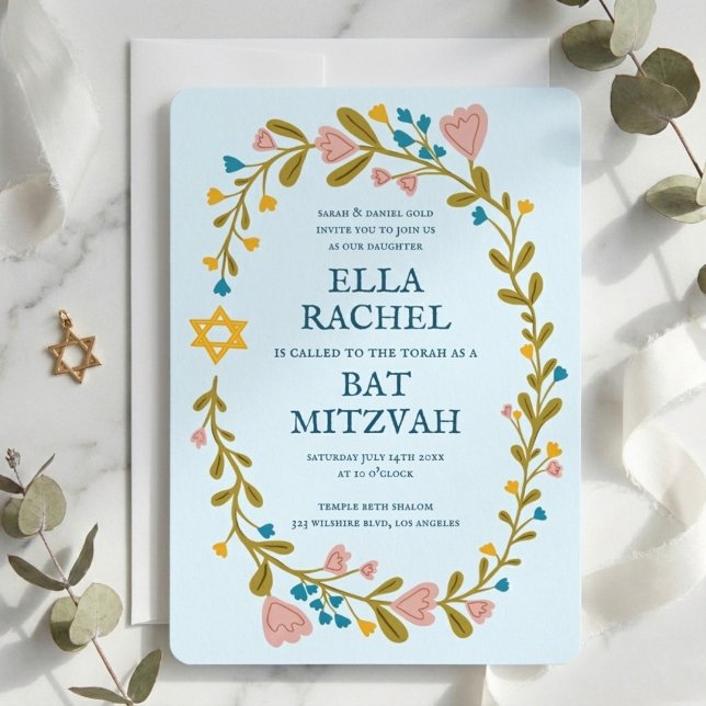 Convite Flaoral Wreath Bat Mitzvah Personalizado desenhado (Floral Wreath Bat Mitzvah Hand-drawn Custom Invitation
)