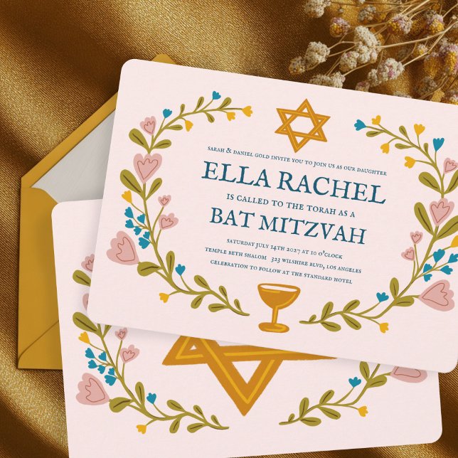 Convite Flaoral Wreath Bat Mitzvah Personalizado desenhado (Floral Wreath Bat Mitzvah Hand-drawn Custom Invitation
)