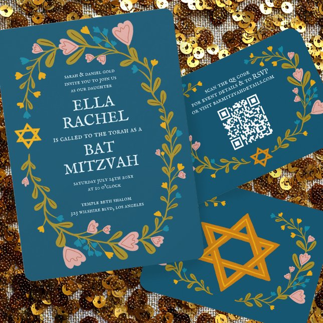 Convite Flaoral Wreath Bat Mitzvah Personalizado desenhado (Floral Wreath Bat Mitzvah Hand-drawn Custom Invitation
)