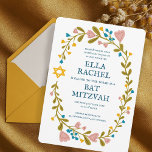 Convite Flaoral Wreath Bat Mitzvah Personalizado desenhado<br><div class="desc">Cartão perfeito para anunciar um bar mitzvah, bat mitzvah ou outra celebração judaica! Mão fez arte para você! TOTALMENTE PERSONALIZÁVEL! Clique em "Personalizar" acima para editar o texto. Clique em "editar usando a ferramenta design" para ajustar as fontes, cores e posicionamentos. Você também pode mudar facilmente o estilo da placa...</div>