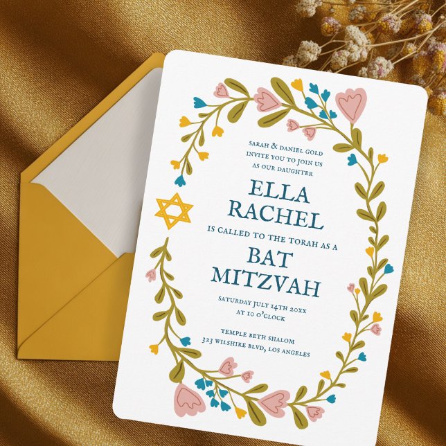 Convite Flaoral Wreath Bat Mitzvah Personalizado desenhado (Floral Wreath Bat Mitzvah Hand-drawn Custom Invitation
)