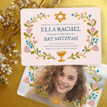 Convite Flaoral Wreath Bat Mitzvah Personalizado desenhado<br><div class="desc">Cartão perfeito para anunciar um bar mitzvah, bat mitzvah ou outra celebração judaica! Mão fez arte para você! TOTALMENTE PERSONALIZÁVEL! Clique em "Personalizar" acima para editar o texto e adicionar sua própria foto ao verso. Clique em "editar usando a ferramenta design" para ajustar as fontes, cores e posicionamentos. Você também...</div>