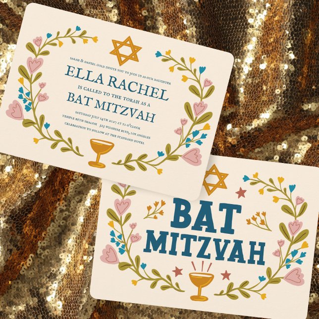 Convite Flaoral Wreath Bat Mitzvah Personalizado desenhado (Floral Wreath Bat Mitzvah Hand-drawn Custom Invitation
)