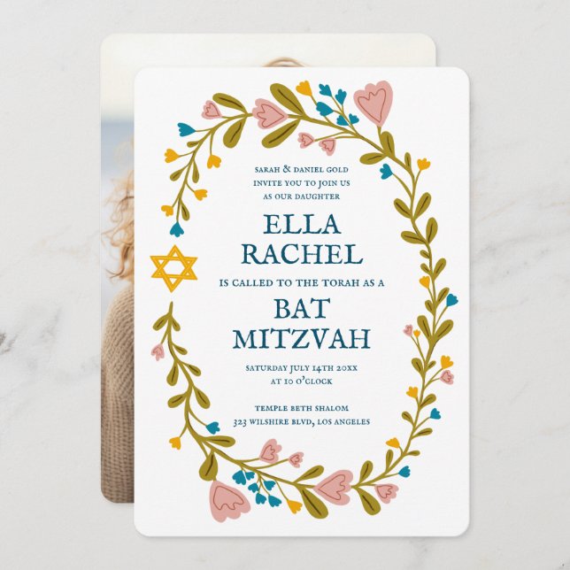 Convite Flaoral Wreath Bat Mitzvah Personalizado desenhado (Frente/Verso)