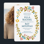 Convite Flaoral Wreath Bat Mitzvah Personalizado desenhado<br><div class="desc">Cartão perfeito para anunciar um bar mitzvah, bat mitzvah ou outra celebração judaica! Mão fez arte para você! TOTALMENTE PERSONALIZÁVEL! Clique em "Personalizar" acima para editar o texto e adicionar sua própria foto ao verso. Clique em "editar usando a ferramenta design" para ajustar as fontes, cores e posicionamentos. Você também...</div>
