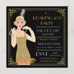 Convite Flapper dos Anos 20 Brilhante Dourado Preto Retro