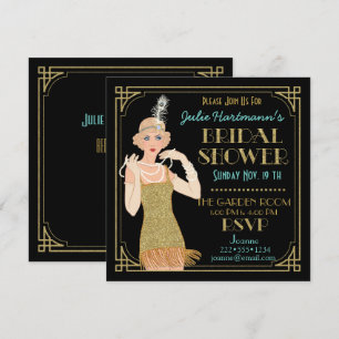 Convite Flapper Dourada Brilhante Preto Retrô dos Anos 20