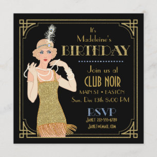 Convite Flapper Dourados Brilhantes Preto Anos 20 Retrô